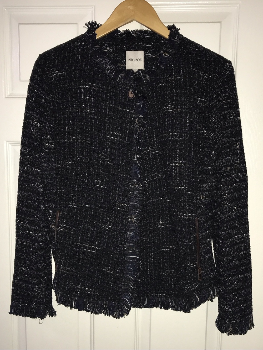 NIC+ZOE Navy Fringe Tweed Blazer Jacket